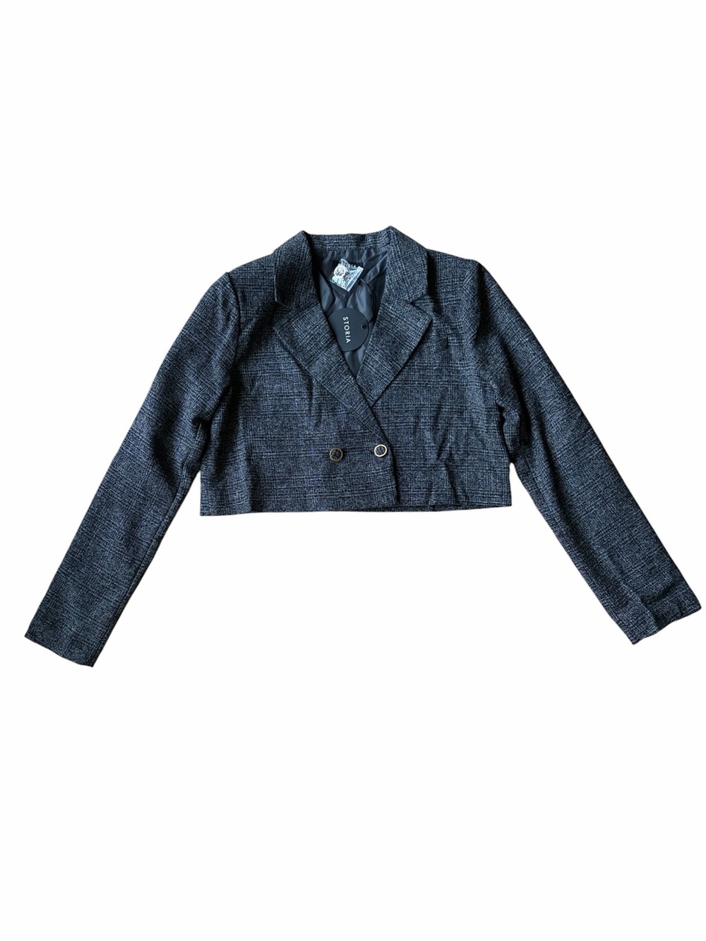 Storia Dark Gray Plaid Tweed Cropped Blazer Jacket Size Medium